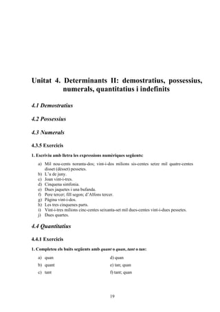 Unitat 4. Determinants II: demostratius, possessius,
          numerals, quantitatius i indefinits

4.1 Demostratius

4.2 Possessius

4.3 Numerals

4.3.5 Exercicis
1. Escriviu amb lletra les expressions numèriques següents:
   a) Mil nou-cents noranta-dos; vint-i-dos milions sis-centes setze mil quatre-centes
      disset (dèsset) pessetes.
   b) L’u de juny.
   c) Joan vint-i-tres.
   d) Cinquena simfonia.
   e) Dues jaquetes i una bufanda.
   f) Pere tercer; fill segon; d’Alfons tercer.
   g) Pàgina vint-i-dos.
   h) Les tres cinquenes parts.
   i) Vint-i-tres milions cinc-centes seixanta-set mil dues-centes vint-i-dues pessetes.
   j) Dues quartes.

4.4 Quantitatius

4.4.1 Exercicis
1. Completeu els buits següents amb quant o quan, tant o tan:
   a) quan                                d) quan
   b) quant                               e) tan; quan
   c) tant                                f) tant; quan




                                          19
 