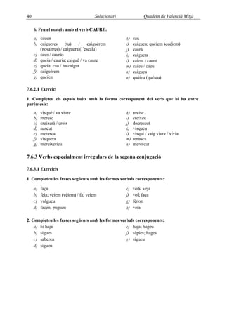 40                                      Solucionari              Quadern de Valencià Mitjà

     6. Feu el mateix amb el verb CAURE:
     a) cauen                                         h)   cau
     b) caigueres      (tu)   /     caiguérem         i)   caiguen; quèiem (quéiem)
        (nosaltres) / caiguera (l’escala)             j)   caurà
     c) caus / cauràs                                 k)   caiguera
     d) queia / cauria; caigué / va caure             l)   caient / caent
     e) queia; cau / ha caigut                        m)   caieu / caeu
     f) caiguérem                                     n)   caigueu
     g) queien                                        o)   quèieu (quéieu)

7.6.2.1 Exercici

1. Completeu els espais buits amb la forma corresponent del verb que hi ha entre
parèntesis:
     a)   visqué / va viure                           h)   revisc
     b)   meresc                                      i)   creixeu
     c)   creixerà / creix                            j)   decrescut
     d)   nascut                                      k)   visquen
     e)   meresca                                     l)   visquí / vaig viure / vivia
     f)   visquera                                    m)   renasca
     g)   mereixeríeu                                 n)   merescut

7.6.3 Verbs especialment irregulars de la segona conjugació

7.6.3.1 Exercicis

1. Completeu les frases següents amb les formes verbals corresponents:

     a)   faça                                        e)   vols; veja
     b)   feia; vèiem (véiem) / fa; veiem             f)   vol; faça
     c)   vulgueu                                     g)   férem
     d)   facen; puguen                               h)   veia

2. Completeu les frases següents amb les formes verbals corresponents:
    a) hi haja                                     e) haja; hàgeu
    b) sigues                                      f) sàpies; hages
    c) saberen                                     g) sigueu
    d) siguen
 