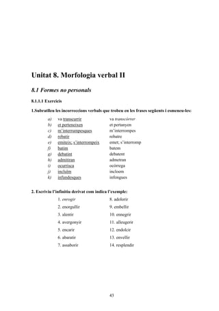 Unitat 8. Morfologia verbal II
8.1 Formes no personals
8.1.1.1 Exercicis

1.Subratlleu les incorreccions verbals que trobeu en les frases següents i esmeneu-les:
         a)   va transcurrir               va transcórrer
         b)   et perteneixen               et pertanyen
         c)   m’interrumpesques            m’interrompes
         d)   rebatir                      rebatre
         e)   emiteix; s’interrompeix      emet; s’interromp
         f)   batim                        batem
         g)   debatint                     debatent
         h)   admitiran                    admetran
         i)   ocurrisca                    ocórrega
         j)   incluïm                      incloem
         k)   infundesques                 infongues


2. Escriviu l’infinitiu derivat com indica l’exemple:
              1. enrogir                   8. adolorir
              2. enorgullir                9. embellir
              3. alentir                   10. ennegrir
              4. avergonyir                11. alleugerir
              5. encarir                   12. endolcir
              6. abaratir                  13. envellir
              7. assaborir                 14. resplendir




                                           43
 