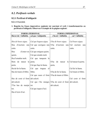 Unitat 8. Morfologia verbal II                                                                          47


8.2. Perífrasis verbals
8.2.1 Perífrasi d'obligació
8.2.1.1 Exercicis

1. Repetiu les frases imperatives següents tot canviant el verb i transformant-les en
   perífrasis d’obligació. Observeu l’exemple de la pàgina següent:

           FORMA PERSONAL                                        FORMA IMPERSONAL
Haver de + infinitiu cal que +subjuntiu                    s'ha de + infinitiu cal + infinitiu

Heu de beure aigua.        Cal que begueu aigua.         S’ha de beure aigua.       Cal beure aigua.
Heu d’escriure una Cal que escrigues una S’ha d’escriure una Cal                             escriure   una
carta.                     carta.                        carta.                     carta.
Heu            d’estar-vos Cal que estigueu quiets.
quiets.                    Cal que estudie molt.
Ha d’estudiar molt.        Cal que tanquem la
Hem       de   tancar   la porta.                        S’ha     de    tancar   la Cal tancar la porta.
porta.                     Cal que faça la faena.        porta.
Ha de fer la faena.        Cal      que   tragues   el                              Cal fer la faena.
Has de traure el llibre. llibre.                         S’ha de fer la faena.      Cal traure el llibre.
                           Cal que cuses el forat S’ha de traure el llibre.
Has de cosir el forat del calcetí.                                                  Cal cosir el forat
del calcetí.               Cal que t’ho menges S’ha de cosir el forat del calcetí.
T’ho has de menjar tot.                                  del calcetí.
tot.                       Cal que isques d’ací.
Has d’eixir d’ací.
 