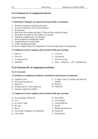 52                                      Solucionari                 Quadern de Valencià Mitjà


9.1.4 Funcions II: el complement directe
9.1.4.1 Exercicis

1. Substituïu el sintagma en negreta pel pronom feble corresponent.
1. Sempre el compra en la botiga del costat.
2. Va veure’l tirant-les / El va veure tirant-les.
3. Ho necessite.
4. Heu de llevar-ne moltes del jardí / N’heu de llevar moltes del jardí.
5. Per acabar, va cantar-la / Per acabar, la va cantar.
6. Vull que en dugues unes a la tintoreria.
7. Ho he comprat a la botiga de ta mare.
8. Compreu-la per al vostre nebot.
9. L’han visitada aquest matí.
10. He de comprar-ne per a la inauguració / N’he de comprar per a la inauguració.
2. Completeu les frases següents amb el pronom feble que convinga:
1.   Obrir-la                                         5.   L’he vist
2.   N’he vist                                        6.   Canvieu-ho
3.   La vaig reservar                                 7.   Ho sent; en tinc
4.   Guarda’ls                                        8.   Estic collint-les; vull trasplantar-ne

9.1.5 Funcions III: el complement atributiu
9.1.5.1 Exercicis
1. Localitzeu el complement atributiu i substituïu-lo pel pronom corresponent:
a)   Aquells els són.                                 f) A hores d’ara, el resultat del partit ho
b)   Els núvols ho pareixen.                             sembla.
c)   Maria l’és.                                      g) Pep l’és.
d)   Ja deuen ser-les / Ja les deuen ser.             h) Pep ho és.
e)   Aquestes xiques ho semblen.

2. Completeu les frases següents amb el pronom feble que convinga:

a)   Els vaig llegir; calmar-los                      h)   Ho sembla
b)   L’és                                             i)   Els he pogut
c)   El veuré; li diga                                j)   Vam menjar-ne
d)   En vols                                          k)   En diu
e)   Ho és                                            l)   Haurem de donar-los
f)   Les mirara; li diguera; em semblaven             m)   Veure-les
g)   L’ha tornat                                      n)   En pot beure
 