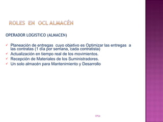 OPERADOR LOGISTICO (ALMACEN) Planeación de entregas  cuyo objetivo es Optimizar las entregas  a las contratas (1 día por semana, cada contratista)  Actualización en tiempo real de los movimientos. Recepción de Materiales de los Suministradores. Un solo almacén para Mantenimiento y Desarrollo EPSA 