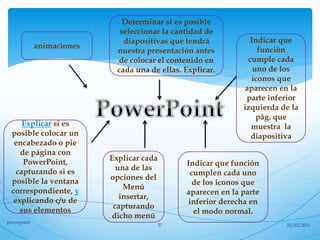 22/02/2015
powerpoint
27
animaciones
Determinar si es posible
seleccionar la cantidad de
diapositivas que tendrá
nuestra presentación antes
de colocar el contenido en
cada una de ellas. Explicar.
Indicar que
función
cumple cada
uno de los
iconos que
aparecen en la
parte inferior
izquierda de la
pág. que
muestra la
diapositiva
Indicar que función
cumplen cada uno
de los iconos que
aparecen en la parte
inferior derecha en
el modo normal.
Explicar cada
una de las
opciones del
Menú
insertar,
capturando
dicho menú
Explicar si es
posible colocar un
encabezado o pie
de página con
PowerPoint,
capturando si es
posible la ventana
correspondiente, y
explicando c/u de
sus elementos
 