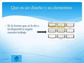 Que es un diseño y su elementos
 Es la forma que se le da a
la diapositiva según
nuestro trabajo
22/02/2015powerpoint 7
 