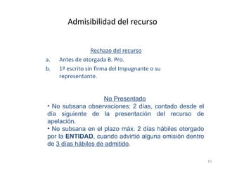 Admisibilidad del recurso
Rechazo del recurso
a. Antes de otorgada B. Pro.
b. 1º escrito sin firma del Impugnante o su
representante.
10
No Presentado
• No subsana observaciones: 2 días, contado desde el
día siguiente de la presentación del recurso de
apelación.
• No subsana en el plazo máx. 2 días hábiles otorgado
por la ENTIDAD, cuando advirtió alguna omisión dentro
de 3 días hábiles de admitido.
 