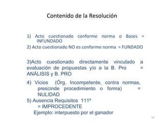 Contenido de la Resolución
1) Acto cuestionado conforme norma o Bases =
INFUNDADO
2) Acto cuestionado NO es conforme norma = FUNDADO
14
3)Acto cuestionado directamente vinculado a
evaluación de propuestas y/o a la B. Pro =
ANÁLISIS y B. PRO
4) Vicios (Órg. Incompetente, contra normas,
prescinde procedimiento o forma) =
NULIDAD
5) Ausencia Requisitos 111º
= IMPROCEDENTE
Ejemplo: interpuesto por el ganador
 
