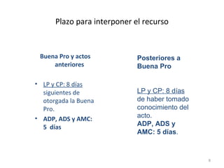Plazo para interponer el recurso
Buena Pro y actos
anteriores
• LP y CP: 8 días
siguientes de
otorgada la Buena
Pro.
• ADP, ADS y AMC:
5 días
8
Posteriores a
Buena Pro
LP y CP: 8 días
de haber tomado
conocimiento del
acto.
ADP, ADS y
AMC: 5 días.
 