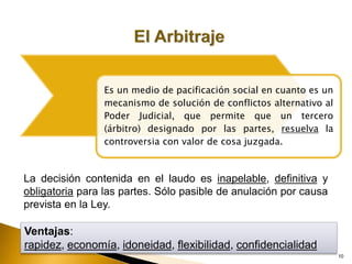 10
10
Es un medio de pacificación social en cuanto es un
mecanismo de solución de conflictos alternativo al
Poder Judicial, que permite que un tercero
(árbitro) designado por las partes, resuelva la
controversia con valor de cosa juzgada.
Ventajas:
rapidez, economía, idoneidad, flexibilidad, confidencialidad
La decisión contenida en el laudo es inapelable, definitiva y
obligatoria para las partes. Sólo pasible de anulación por causa
prevista en la Ley.
 