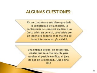 19
En un contrato se establece que dada
la complejidad de la materia, la
controversia se resolverá mediante un
único arbitraje pericial, conducido por
un ingeniero experto en la materia de
fama internacional. ¿Es válido?
Una entidad decide, en el contrato,
señalar que será competente para
resolver el posible conflicto el juez
de paz de la localidad. ¿Qué opina
Ud.?
ALGUNAS CUESTIONES:
 