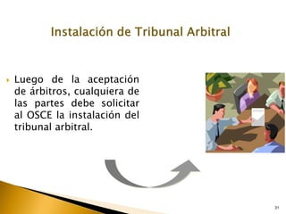 31
 Luego de la aceptación
de árbitros, cualquiera de
las partes debe solicitar
al OSCE la instalación del
tribunal arbitral.
 