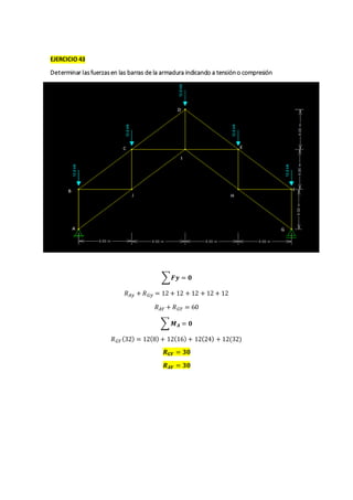 EJERCICIO 43
Determinar lasfuerzasen las barras de la armadura indicando a tensióno compresión
∑𝑭𝒚 = 𝟎
𝑅 𝐴𝑦 + 𝑅 𝐺𝑦 = 12 + 12 + 12 + 12 + 12
𝑅 𝐴𝑌 + 𝑅 𝐺𝑌 = 60
∑ 𝑴 𝑨 = 𝟎
𝑅 𝐺𝑌(32) = 12(8) + 12(16) + 12(24) + 12(32)
𝑹 𝑮𝒀 = 𝟑𝟎
𝑹 𝑨𝒀 = 𝟑𝟎
 