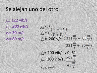 Se alejan uno del otro
f0= 122 vib/s
f= 200 vib/s    f0 < f
v0= 30 m/s      f0 = f
v0= 80 m/s      f0 = 200 v/s


                f0 = 200 vib/s . 0, 61
                f0= 200 vib/s .
                f0= 122 vib/s
 