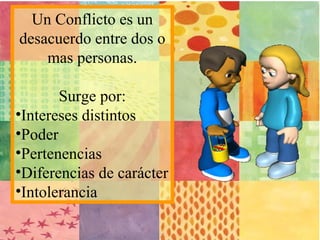 Un Conflicto es un
desacuerdo entre dos o
mas personas.
Surge por:
•Intereses distintos
•Poder
•Pertenencias
•Diferencias de carácter
•Intolerancia
 