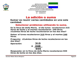 REPUBLICA DE COLOMBIA
MINISTERIO DE EDUCACION NACIONAL
SECRETARIA DE EDUCACION DEL CAQUETA
MUNICIPIO DE SOLANO
INSTITUCION EDUCATIVA RURAL CAMPO ALEGRE
Resolución de Aprobación de estudió No 000432/Nov.2008
DANE. No283765000329
NIT. No900003259-9
Docente: Wilmer Álvarez Mosquera Página19
 