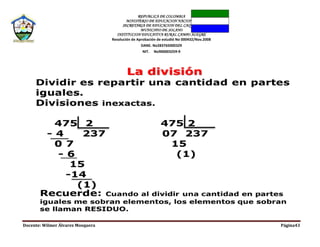 REPUBLICA DE COLOMBIA
MINISTERIO DE EDUCACION NACIONAL
SECRETARIA DE EDUCACION DEL CAQUETA
MUNICIPIO DE SOLANO
INSTITUCION EDUCATIVA RURAL CAMPO ALEGRE
Resolución de Aprobación de estudió No 000432/Nov.2008
DANE. No283765000329
NIT. No900003259-9
Docente: Wilmer Álvarez Mosquera Página43
 