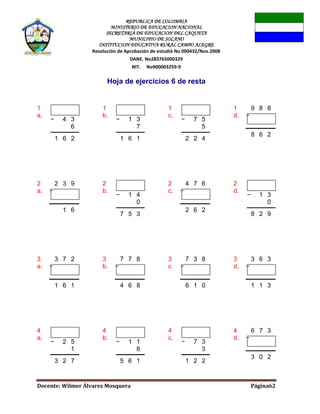 REPUBLICA DE COLOMBIA
MINISTERIO DE EDUCACION NACIONAL
SECRETARIA DE EDUCACION DEL CAQUETA
MUNICIPIO DE SOLANO
INSTITUCION EDUCATIVA RURAL CAMPO ALEGRE
Resolución de Aprobación de estudió No 000432/Nov.2008
DANE. No283765000329
NIT. No900003259-9
Docente: Wilmer Álvarez Mosquera Página62
Hoja de ejercicios 6 de resta
1
a.
− 4 3
6
1 6 2
1
b.
− 1 3
7
1 6 1
1
c.
− 7 5
5
2 2 4
1
d.
9 8 8
−
8 6 2
2
a.
2 3 9
−
1 6
2
b.
− 1 4
0
7 5 3
2
c.
4 7 6
−
2 6 2
2
d.
− 1 3
0
8 2 9
3
a.
3 7 2
−
1 6 1
3
b.
7 7 8
−
4 6 8
3
c.
7 3 8
−
6 1 0
3
d.
3 6 3
−
1 1 3
4
a.
− 2 5
1
3 2 7
4
b.
− 1 1
8
5 6 1
4
c.
− 7 3
3
1 2 2
4
d.
6 7 3
−
3 0 2
 