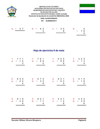 REPUBLICA DE COLOMBIA
MINISTERIO DE EDUCACION NACIONAL
SECRETARIA DE EDUCACION DEL CAQUETA
MUNICIPIO DE SOLANO
INSTITUCION EDUCATIVA RURAL CAMPO ALEGRE
Resolución de Aprobación de estudió No 000432/Nov.2008
DANE. No283765000329
NIT. No900003259-9
Docente: Wilmer Álvarez Mosquera Página64
a. − 5 7 b. − 6 3
3
c. − 3 5
8
d. 0
− 7 6
5
Hoja de ejercicios 8 de resta
1
a.
7 7 1
− 1 5
3
1
b.
7 6 1
− 6 9
2
1
c.
9 5 5
− 8 6
6
1
d.
3 2 3
− 1 3
4
2
a.
8 3 0
− 2 4
4
2
b.
6 7 4
− 3 2
8
2
c.
8 5 1
− 6 3
5
2
d.
4 1 4
− 1 8
5
3
a.
6 1 8
− 3 9
9
3
b.
8 2 1
− 1 7
4
3
c.
2 4 7
− 1 5
8
3
d.
4 5 4
− 3 9
6
 
