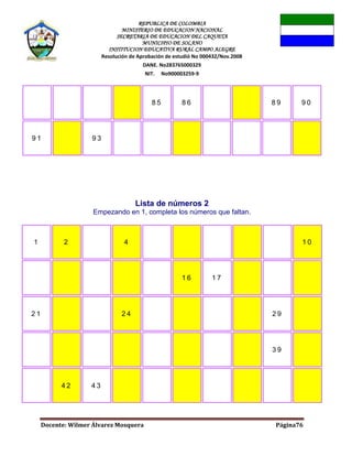 REPUBLICA DE COLOMBIA
MINISTERIO DE EDUCACION NACIONAL
SECRETARIA DE EDUCACION DEL CAQUETA
MUNICIPIO DE SOLANO
INSTITUCION EDUCATIVA RURAL CAMPO ALEGRE
Resolución de Aprobación de estudió No 000432/Nov.2008
DANE. No283765000329
NIT. No900003259-9
Docente: Wilmer Álvarez Mosquera Página76
8 5 8 6 8 9 9 0
9 1 9 3
Lista de números 2
Empezando en 1, completa los números que faltan.
1 2 4 1 0
1 6 1 7
2 1 2 4 2 9
3 9
4 2 4 3
 