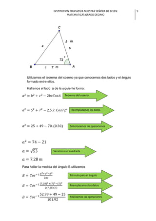 INSTITUCION EDUCATIVA NUESTRA SEÑORA DE BELEN          5
                                MATEMATICAS GRADO DECIMO




   Utilizamos el teorema del coseno ya que conocemos dos lados y el ángulo
   formado entre ellos.

   Hallamos el lado a de la siguiente forma:

                               Teorema del coseno




                                    Reemplazamos los datos




                                   Solucionamos las operaciones




                      Sacamos raíz cuadrada




Para hallar la medida del ángulo B utilizamos

                                   Fórmula para el ángulo


                                   Reemplazamos los datos


                                   Realizamos las operaciones
 
