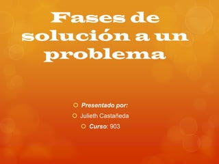 Fases de
solución a un
  problema


     Presentado por:
    Julieth Castañeda
       Curso: 903
 