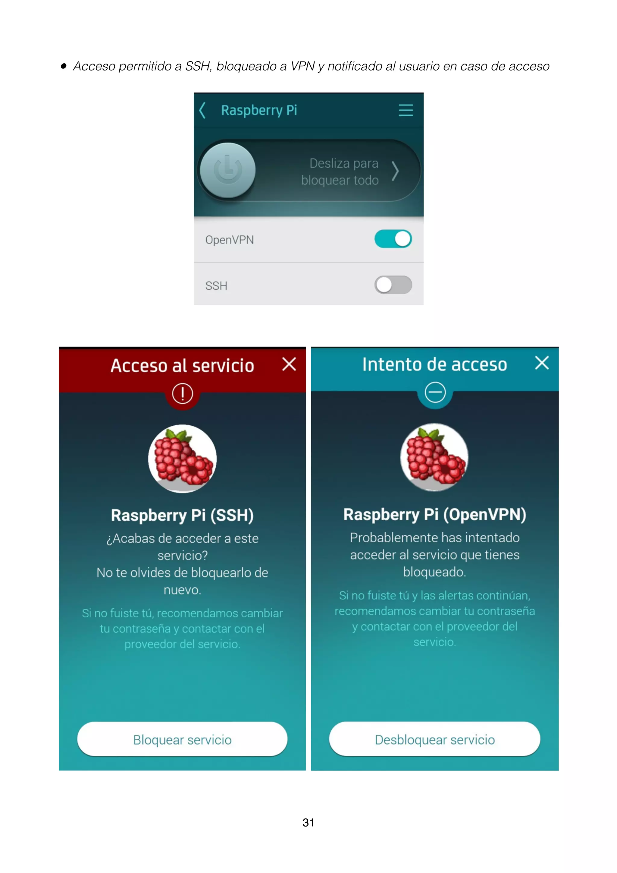 • Acceso permitido a SSH, bloqueado a VPN y notiﬁcado al usuario en caso de acceso
31
 