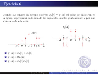 Ejercicio 6

Usando las se˜ales en tiempo discreto x1 [n] y x2 [n] tal como se muestran en
              n
la ﬁgura, representar cada una de las siguientes se˜ales gr´ﬁcamente y por una
                                                   n       a
secuencia de n´meros.
               u




  1   y1 [n] = x1 [n] + x2 [n]
  2   y2 [n] = 2x1 [n]
  3   y3 [n] = x1 [n]x2 [n]



                              Jorge A. Rodr´
                                           ıguez   Ejercicios Para el Primer Parcial Cap´
                                                                                        ıtulo 2
 