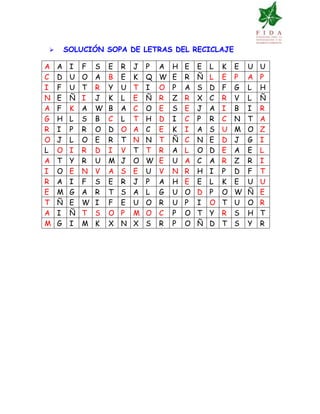 SOLUCIÓN SOPA DE LETRAS DEL RECICLAJE
A A I F S E R J P A H E E L K E U U
C D U O A B E K Q W E R Ñ L E P A P
I F U T R Y U T I O P A S D F G L H
N E Ñ I J K L E Ñ R Z R X C R V L Ñ
A F K A W B A C O E S E J A I B I R
G H L S B C L T H D I C P R C N T A
R I P R O D O A C E K I A S U M O Z
O J L O E R T N N T Ñ C N E D J G I
L O I R D I V T T R A L O D E A E L
A T Y R U M J O W E U A C A R Z R I
I O E N V A S E U V N R H I P D F T
R A I F S E R J P A H E E L K E U U
E M G A R T S A L G U O D P O W Ñ E
T Ñ E W I F E U O R U P I O T U O R
A I Ñ T S O P M O C P O T Y R S H T
M G I M K X N X S R P O Ñ D T S Y R
 