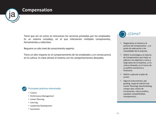 Compensation
12
Tiene que ver en como se remuneran los servicios prestados por los empleados.
Es un sistema complejo, en el que intervienen múltiples componentes,
herramientas y colectivos.
Requiere un alto nivel de conocimiento experto.
Tiene un alto impacto en el comportamiento de los empleados y en consecuencia
en la cultura. Es clave alinear el sistema con los comportamientos deseados.
¿Cómo?
• Diagnosticar el sistema y la
práctica de Compensation , y el
grado de adecuación a las
necesidades de la empresa.
• Definir la estrategia y el sistema
de Compensation que mejor se
adecúe a los objetivos a corto y
largo plazo de la empresa, y a la
cultura deseada, en el marco de
su política económica y
financiera.
• Definir y ejecutar el plan de
acción.
• Algunos instrumentos: job
grading, mapa de talento (ver
Career Planning), benchmarking,
compa-ratio, matriz de
incrementos, marco jurídico,
equidad, competitividad,
transparencia, …
Principales prácticas relacionadas
• Culture
• Performance Management
• Career Planning
• Learning
• Leadership Development
• Succession
 