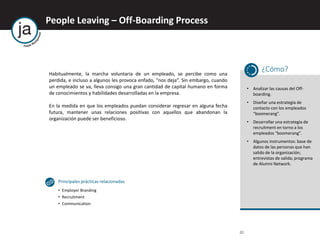 20
People Leaving – Off-Boarding Process
Habitualmente, la marcha voluntaria de un empleado, se percibe como una
perdida, e incluso a algunos les provoca enfado, “nos deja”. Sin embargo, cuando
un empleado se va, lleva consigo una gran cantidad de capital humano en forma
de conocimientos y habilidades desarrolladas en la empresa.
En la medida en que los empleados puedan considerar regresar en alguna fecha
futura, mantener unas relaciones positivas con aquellos que abandonan la
organización puede ser beneficioso.
¿Cómo?
• Analizar las causas del Off-
boarding.
• Diseñar una estrategia de
contacto con los empleados
“boomerang”.
• Desarrollar una estrategia de
recruitment en torno a los
empleados “boomerang”.
• Algunos instrumentos: base de
datos de las personas que han
salido de la organización;
entrevistas de salida; programa
de Alumni Network.
Principales prácticas relacionadas
• Employer Branding
• Recruitment
• Communication
 
