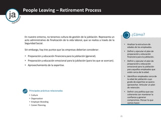 21
People Leaving – Retirement Process
En nuestro entorno, no tenemos cultura de gestión de la jubilación. Representa un
acto administrativo de finalización de la vida laboral, que se realiza a través de la
Seguridad Social.
Sin embargo, hay tres puntos que las empresas deberían considerar:
• Preparación y educación financiera para la jubilación (general).
• Preparación y educación emocional para la jubilación (para los que se acercan).
• Aprovechamiento de la expertise.
¿Cómo?
• Analizar la estructura de
edades de los empleados.
• Definir y ejecutar el plan de
preparación y educación
financiera para la jubilación.
• Definir y ejecutar el plan de
preparación y educación
emocional para la jubilación
para aquellos empleados que
estén cerca de la edad.
• Identificar empleados cerca de
la edad de jubilación cuyo
grado de expertise se quiera
aprovechar. Articular un plan
de retención.
• Definir una política que sea
coherente con mantener la
confianza y generar
compromiso. Pensar lo que
vamos hacer.
Principales prácticas relacionadas
• Culture
• Organization
• Employer Branding
• Career Planning
 