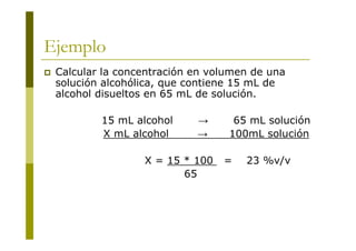 Ejemplo
 Calcular la concentración en volumen de una
solución alcohólica, que contiene 15 mL de
alcohol disueltos en 65 mL de solución.
15 mL alcohol → 65 mL solución
X mL alcohol → 100mL solución
X = 15 * 100 = 23 %v/v
65
 
