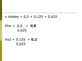 n totales = 0,5 + 0,125 = 0,625
Xhe = 0,5 = 0,8
0,625
Xo2 = 0,125 = 0,2
0,625
 