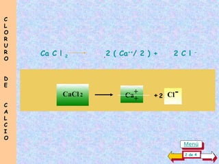 .
Ca C l 2 2 ( Ca++
/ 2 ) + 2 C l -
CaCl 2
- + 2 Cl-
Ca
+
+ +2
2 de 4
C
C
L
L
O
O
R
R
U
U
R
R
O
O
D
D
E
E
C
C
A
A
L
L
C
C
I
I
O
O
Menú
 