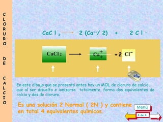 .
CaC l 2 2 (Ca++
/ 2) + 2 C l -
En este dibujo que se presentó antes hay un MOL de cloruro de calcio,
Es una solución 2 Normal ( 2N ) y contiene..........
en total 4 equivalentes químicos.
que al ser disuelto e ionizarse totalmente, forma dos equivalentes de
calcio y dos de cloruro.
CaCl 2
- + 2 Cl-
Ca
+
+ +2
4 de 4
C
C
L
L
O
O
R
R
U
U
R
R
O
O
D
D
E
E
C
C
A
A
L
L
C
C
I
I
O
O
clic
Menú
 