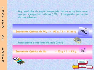 Hay moléculas de mayor complejidad en su estructura como
son, por ejemplo los fosfatos ( PO4
3-
) compuestos por un ión
de tres valencias
1 Equivalente Químico de PO4
3 -
= 95 g / 3 = 31.66 g
1 Equivalente Químico de Na +
= 23 g / 1 = 23 g
PO
4
-
-
-
Puede unirse a tres iones de sodio ( Na +
)
+
Na
F
F
O
O
S
S
F
F
A
A
T
T
O
O
D
D
E
E
S
S
O
O
D
D
I
I
O
O
1 de 5
clic
Menú
 