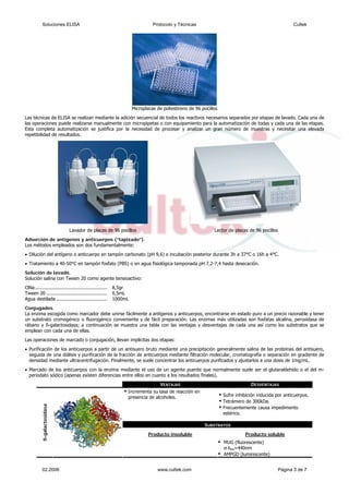 Microplacas de poliestireno de 96 pocillos
Las técnicas de ELISA se realizan mediante la adición secuencial de todos los reactivos necesarios separados por etapas de lavado. Cada una de
las operaciones puede realizarse manualmente con micropipetas o con equipamiento para la automatización de todas y cada una de las etapas.
Esta completa automatización se justifica por la necesidad de procesar y analizar un gran número de muestras y necesitar una elevada
repetibilidad de resultados.
Lavador de placas de 96 pocillos Lector de placas de 96 pocillos
Adsorción de antígenos y anticuerpos (“tapizado”).
Los métodos empleados son dos fundamentalmente:
• Dilución del antígeno o anticuerpo en tampón carbonato (pH 9,6) e incubación posterior durante 3h a 37°C o 16h a 4°C.
• Tratamiento a 40-50°C en tampón fosfato (PBS) o en agua fisiológica tamponada pH 7,2-7,4 hasta desecación.
Solución de lavado.
Solución salina con Tween 20 como agente tensioactivo:
ClNa ................................................... 8,5gr
Tween 20 ........................................... 0,5mL
Agua destilada .................................... 1000mL
Conjugados.
La enzima escogida como marcador debe unirse fácilmente a antígenos y anticuerpos, encontrarse en estado puro a un precio razonable y tener
un substrato cromogénico o fluorogénico conveniente y de fácil preparación. Las enzimas más utilizadas son fosfatas alcalina, peroxidasa de
rábano y ß-galactosidasa; a continuación se muestra una tabla con las ventajas y desventajas de cada una así como los substratos que se
emplean con cada una de ellas.
Las operaciones de marcado o conjugación, llevan implícitas dos etapas:
• Purificación de los anticuerpos a partir de un antisuero bruto mediante una precipitación generalmente salina de las proteínas del antisuero,
seguida de una diálisis y purificación de la fracción de anticuerpos mediante filtración molecular, cromatografía o separación en gradiente de
densidad mediante ultracentrifugación. Finalmente, se suele concentrar los anticuerpos purificados y ajustarlos a una dosis de 1mg/mL.
• Marcado de los anticuerpos con la enzima mediante el uso de un agente puente que normalmente suele ser el glutaraldehído o el del m-
periodato sódico (apenas existen diferencias entre ellos en cuanto a los resultados finales).
VENTAJAS DESVENTAJAS
Incrementa su tasa de reacción en
presencia de alcoholes. Sufre inhibición inducida por anticuerpos.
Tetrámero de 300kDa.
Frecuentemente causa impedimento
estérico.
SUBSTRATOS
Producto insoluble Producto soluble
ß-galactosidasa
MUG (fluorescente)
λem=440nm
AMPGD (luminiscente)
Soluciones ELISA Protocolo y Técnicas Cultek
02.2006 www.cultek.com Página 3 de 7
 