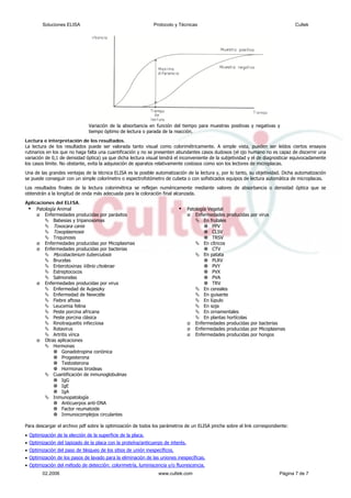 Variación de la absorbancia en función del tiempo para muestras positivas y negativas y
tiempo óptimo de lectura o parada de la reacción.
Lectura e interpretación de los resultados.
La lectura de los resultados puede ser valorada tanto visual como colorimétricamente. A simple vista, pueden ser leídos ciertos ensayos
rutinarios en los que no haga falta una cuantificación y no se presenten abundantes casos dudosos (el ojo humano no es capaz de discernir una
variación de 0,1 de densidad óptica) ya que dicha lectura visual tendrá el inconveniente de la subjetividad y el de diagnosticar equivocadamente
los casos límite. No obstante, evita la adquisición de aparatos relativamente costosos como son los lectores de microplacas.
Una de las grandes ventajas de la técnica ELISA es la posible automatización de la lectura y, por lo tanto, su objetividad. Dicha automatización
se puede conseguir con un simple colorímetro o espectrofotómetro de cubeta o con sofisticados equipos de lectura automática de microplacas.
Los resultados finales de la lectura colorimétrica se reflejan numéricamente mediante valores de absorbancia o densidad óptica que se
obtendrán a la longitud de onda más adecuada para la coloración final alcanzada.
Aplicaciones del ELISA.
Patología Animal
Enfermedades producidas por parásitos
Babesias y tripanosomas
Toxocara canis
Toxoplasmosis
Triquinosis
Enfermedades producidas por Micoplasmas
Enfermedades producidas por bacterias
Mycobacterium tuberculosis
Brucelas
Enterotoxinas Vibrio cholerae
Estreptococos
Salmonelas
Enfermedades producidas por virus
Enfermedad de Aujeszky
Enfermedad de Newcstle
Fiebre aftosa
Leucemia felina
Peste porcina africana
Peste porcina clásica
Rinotraqueitis infecciosa
Rotavirus
Artritis vírica
Otras aplicaciones
Hormonas
Gonadotropina coriónica
Progesterona
Testosterona
Hormonas tiroideas
Cuantificación de inmunoglobulinas
IgG
IgE
IgA
Inmunopatología
Anticuerpos anti-DNA
Factor reumatoide
Inmunocomplejos circulantes
Patología Vegetal
Enfermedades producidas por virus
En frutales
PPV
CLSV
TRSV
En cítricos
CTV
En patata
PLRV
PVY
PVX
PVA
TRV
En cereales
En guisante
En lúpulo
En soja
En ornamentales
En plantas hortícolas
Enfermedades producidas por bacterias
Enfermedades producidas por Micoplasmas
Enfermedades producidas por hongos
Para descargar el archivo pdf sobre la optimización de todos los parámetros de un ELISA pinche sobre el link correspondiente:
• Optimización de la elección de la superficie de la placa.
• Optimización del tapizado de la placa con la proteína/anticuerpo de interés.
• Optimización del paso de bloqueo de los sitios de unión inespecíficos.
• Optimización de los pasos de lavado para la eliminación de las uniones inespecíficas.
• Optimización del método de detección: colorimetría, luminiscencia y/o fluorescencia.
Soluciones ELISA Protocolo y Técnicas Cultek
02.2006 www.cultek.com Página 7 de 7
 