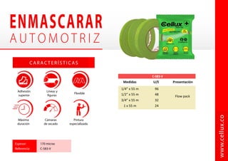 Decoración
Sector
automotriz
    
   
C A R AC T E R Í S T I C A S
SP-**
www.cellux.co
8 oz / 227 g 12 / caja
Ref. Cont. Presentación
318 Oro 18Kt. 317 Cromo
plata
*Debido a las variaciones en la publicación litográfica,
los colores representados pueden variar ligeramente del producto real.
Secado rápido
Acabado
brillante
Resistencia
rayos UV
 