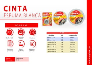 Cerámicos
y vidrios
Construcción     
   
C A R AC T E R Í S T I C A S
SS-1000
www.cellux.co
260 ml 24 / caja
SS-1100 260 ml 24 / caja
Ref. Cont. Presentación
Secado rápido Antihongos Interiores
 