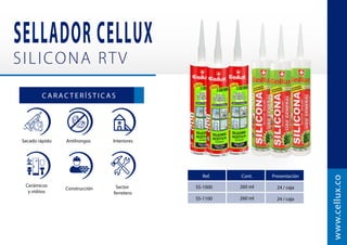 Medidas U/E Presentación
34
12 mm x 1 m
Montaje
de espejos
Conformable
Adhesión
Extrema
Aluminios
y pvc
Construcción
Resistencia
ambiental
D O B L E F A Z
Espesor: 3200 micras
Referencia: C-486
www.cellux.co
25
16
12 mm x 20 m
18 mm x 20 m
Blister
E�queta
E�queta
C-486
x18mm
20metros
3.2kg
DOBLE FAZ
MONTAJE
Cinta de Montaje
Montajes en PVC
o Aluminio
Fijación de artículos
metálicos y plásticos
Fijación en plástico
Montajes-Fijaciónpermanentedeartículos
metálicos, plásticos, cerámica, madera y vidrios.
EspumaBlanca-Usoeninteriores. Espuma blanca multiusos
C-486
x18mm
20metros
3.2kg
DOBLE FAZ
MONTAJE
Cinta de Montaje
Montajes en PVC
o Aluminio
Fijación de artículos
metálicos y plásticos
Fijación en plástico
Montajes-Fijaciónpermanentedeartículos
metálicos, plásticos, cerámica, madera y vidrios.
EspumaBlanca-Usoeninteriores. Espuma blanca multiusos
Espesor
mm
3.2
Espuma blanca multiusos
DOBLE FAZ
Montajes-Fijaciónpermanentedeartículos
metálicos, plásticos, cerámica, madera y vidrios.
EspumaBlanca-Usoeninteriores.
Fijación en plástico
Montajes en ventanería
y puertas
Fijación de artículos
metálicos y plásticos
C-486 x 12mm
1metro
MONTAJE
Cinta de Montaje
3.2kg
 