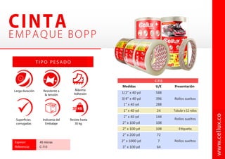 1/2” x 40 yd 588
396
288
24
144
108
3/4” x 40 yd
1” x 40 yd
1” x 40 yd
Rollos sueltos
Tubular x 12 rollos
Rollos sueltos
2” x 40 yd
2” x 100 yd
108
72
E�queta
Rollos sueltos
2” x 100 yd
2” x 200 yd
7
64
2” x 1000 yd
3” x 100 yd
Larga duración Resistente a
la tensión
Superficies
corrugadas
Industria del
Embalaje
     
    
Máxima
Adhesión
T I P O P E S A D O
Espesor: 45 micras
Referencia: C-715
www.cellux.co

C-715
Medidas U/E Presentación
 