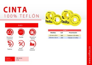 Sellado
hermético
Montajes
metálicos
    
    
C A R A C T E R Í S T I C A S
TL-571
www.cellux.co
50 mL 12 / caja
TL-371 6 mL 12 / caja
Ref. Cont. Presentación
Producto
en GEL
Protege contra
vibración
Resistencia
contra químicos
ABROLOK
THREADLOK
GEL
 