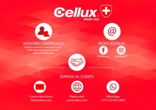 Acción
espumosa
Sector
ferretero
A base
de agua
C O N A T O S D E I N C E N D I O
FE-911
www.cellux.co
400 mL 12 / caja
Ref. Cont. Presentación
Fuegos
menores
Reutilizable Vida útil
5
Años
 