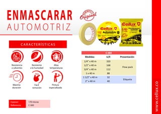 Alta
temperatura
Anticorrosiva
Hogar Sector
automotriz
    
   
Larga duración
C A R AC T E R Í S T I C A S
SP-**
www.cellux.co
400 ml 12 / caja
Ref. Cont. Presentación
201 Aluminio 202 Negro
*Debido a las variaciones en la publicación litográfica,
los colores representados pueden variar ligeramente del producto real.
450°C
450°C
 