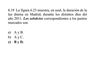 8.19 La figura 6.23 muestra, en azul, la duración de la
luz diurna en Madrid, durante los distintos días del
año 2011. Los solsticios correspondientes a los puntos
marcados son
a) A y B.
b) A y C.
c) B y D.
 