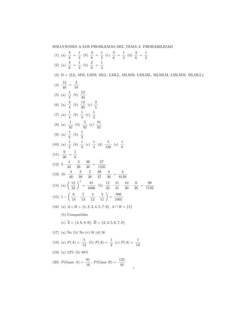 SOLUCIONES A LOS PROBLEMAS DEL TEMA 3: PROBABILIDAD
(1) (a)
3
6
=
1
2
(b)
3
6
=
1
2
(c)
2
6
=
1
3
(d)
3
6
=
1
2
(2) (a)
3
6
=
1
2
(b)
2
6
=
1
3
(3) Ω = {LL, MM, LMM, MLL, LMLL, MLMM, LMLML, MLMLM, LMLMM, MLMLL}
(4)
12
40
=
3
10
(5) (a)
1
5
(b)
13
40
(6) (a)
3
4
(b)
13
20
(c)
3
5
(7) (a)
1
4
(b)
1
4
(c)
1
2
(8) (a)
1
32
(b)
5
32
(c)
10
32
(9) (a)
1
6
(b)
1
3
(10) (a)
1
2
(b)
1
3
(c)
1
4
(d)
5
108
(e)
1
8
(11)
6
36
=
1
6
(12) 3 ·
4
40
·
3
39
·
36
38
=
27
1235
(13) 10 ·
4
40
·
3
39
·
2
38
·
36
37
·
3
36
=
3
9139
(14) (a)
12
32
4
=
81
4096
(b)
12
32
·
11
31
·
10
30
·
9
29
=
99
7192
(15) 1 −
6
14
·
5
13
·
4
12
·
3
11
=
986
1001
(16) (a) A ∪ B = {1, 2, 3, 4, 5, 7, 9}, A ∩ B = {1}
(b) Compatibles
(c) A = {4, 6, 8, 9}, B = {2, 3, 5, 6, 7, 8}
(17) (a) No (b) No (c) S´ı (d) S´ı
(18) (a) P(A) =
5
12
(b) P(A) =
1
2
(c) P(A) =
1
10
(19) (a) 12% (b) 88%
(20) P(Gane A) =
91
16
, P(Gane B) =
125
16
1
 