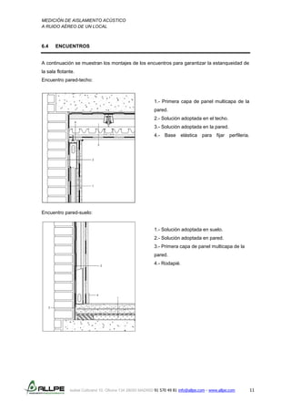 MEDICIÓN DE AISLAMIENTO ACÚSTICO
A RUIDO AÉREO DE UN LOCAL
Isabel Colbrand 10, Oficina 134 28050 MADRID 91 570 49 81 info@allpe.com - www.allpe.com 11
6.4 ENCUENTROS
A continuación se muestran los montajes de los encuentros para garantizar la estanqueidad de
la sala flotante.
Encuentro pared-techo:
1.- Primera capa de panel multicapa de la
pared.
2.- Solución adoptada en el techo.
3.- Solución adoptada en la pared.
4.- Base elástica para fijar perfileria.
Encuentro pared-suelo:
1.- Solución adoptada en suelo.
2.- Solución adoptada en pared.
3.- Primera capa de panel multicapa de la
pared.
4.- Rodapié.
 