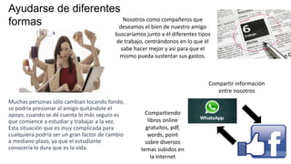 Muchas personas sólo cambian tocando fondo,
se podría presionar al amigo quitándole el
apoyo, cuando se dé cuenta lo más seguro es
que comience a estudiar y trabajar a la vez.
Esta situación que es muy complicada para
cualquiera podría ser un gran factor de cambio
a mediano plazo, ya que el estudiante
conocería lo dura que es la vida.
Ayudarse de diferentes
formas Nosotros como compañeros que
deseamos el bien de nuestro amigo
buscaríamos junto a él diferentes tipos
de trabajo, centrándonos en lo que él
sabe hacer mejor y así para que el
mismo pueda sustentar sus gastos.
Compartir información
entre nosotros
Compartiendo
libros online
gratuitos, pdf,
words, point
sobre diversos
temas subidos en
la internet
 