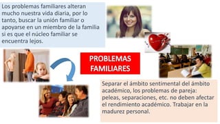Los problemas familiares alteran
mucho nuestra vida diaria, por lo
tanto, buscar la unión familiar o
apoyarse en un miembro de la familia
si es que el núcleo familiar se
encuentra lejos.
Separar el ámbito sentimental del ámbito
académico, los problemas de pareja:
peleas, separaciones, etc. no deben afectar
el rendimiento académico. Trabajar en la
madurez personal.
 