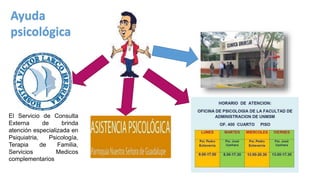 Ayuda
psicológica
El Servicio de Consulta
Externa de brinda
atención especializada en
Psiquiatria, Psicología,
Terapia de Familia,
Servicios Medicos
complementarios
 